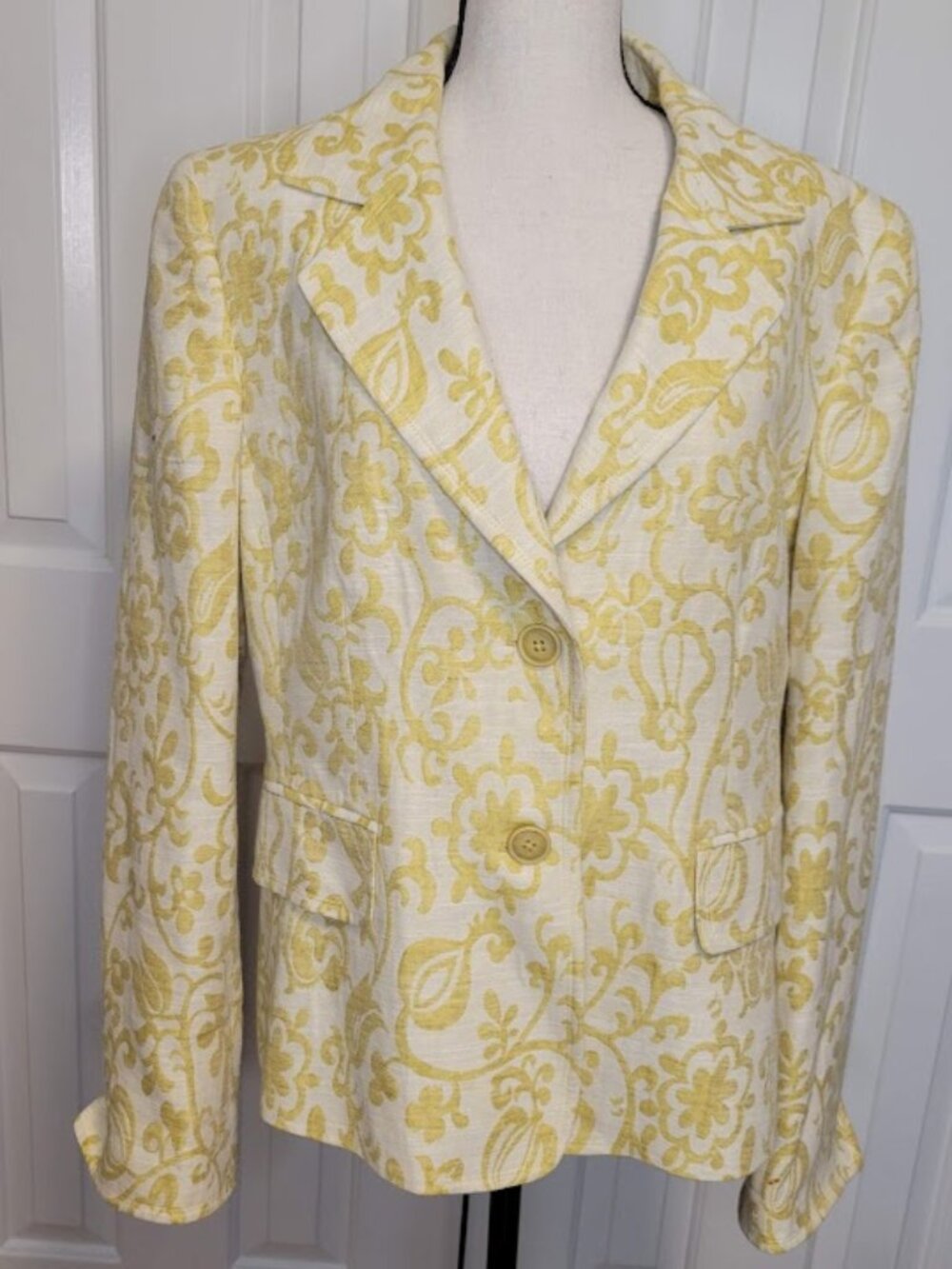 Ellen Tracy Yellow Cream Floral Damask Linen Blend Blazer Size 12